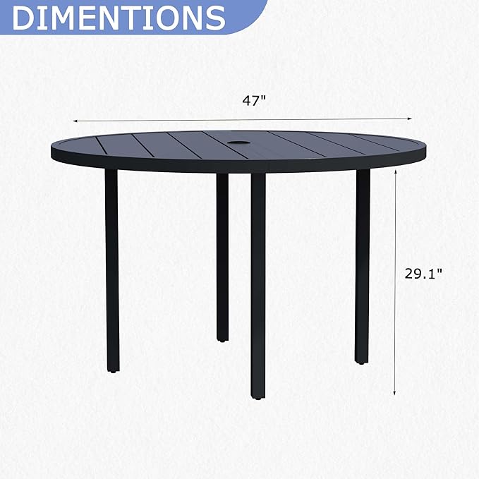 47" Round Patio Dining Table for 6, All-Weather Metal Patio Table with Umbrella Hole, Outdoor Round Dining Table for Lawn Garden Porch, Black