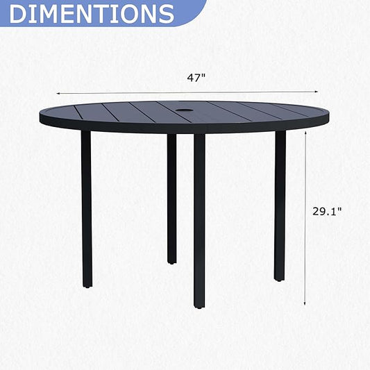 47" Round Patio Dining Table for 6, All-Weather Metal Patio Table with Umbrella Hole, Outdoor Round Dining Table for Lawn Garden Porch, Black