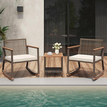 Verano Garden 3 Pieces Rocking Bistro Set, Outdoor Conversation Bistro Chairs and Table Set with Wood Armrest and Soft Cushions, Small Porch Set Balcony Set for Garden, Patio, Yard