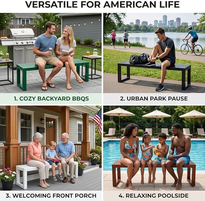 Backless Patio Bench Outdoor Metal Bench, 3.3ft 3.9ft 4.9ft 5.9ft Weatherproof Garden Benches 2-Person Outside Chair for Yard Porch Entryway Sturdy Steel Frame Furniture(Pink,3.93ft)