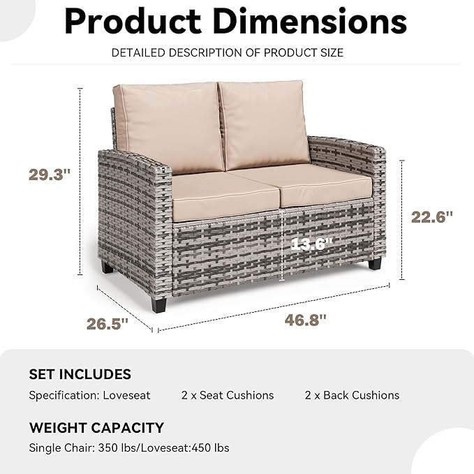 Outdoor Patio Loveseat, All-Weather Outdoor Wicker Sofa with Comfy Cushions, Patio Furniture Set 2 Person Couch - Photo 2