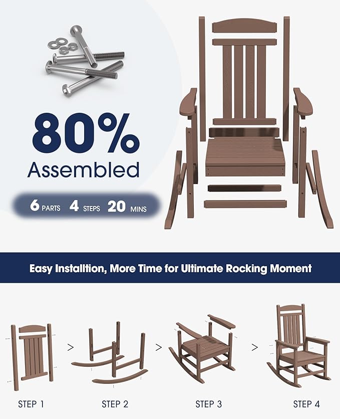 KINGYES Outdoor Rocking Chair Set of 2, HDPE Patio Rocking Chairs with 330lbs Support for Adults, Brown