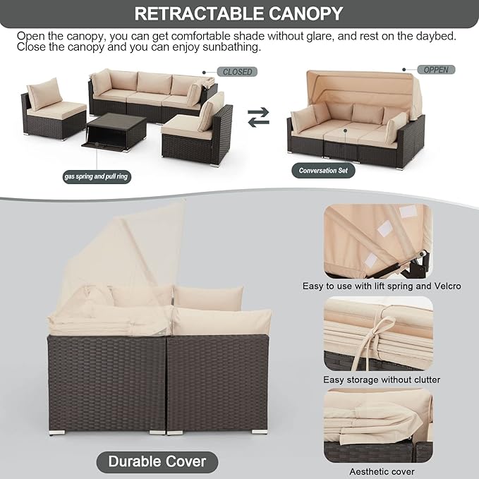 Vicluke 6 Pieces Patio Furniture Sets Outdoor Sectional Sofa Set Rattan Daybed with Retractable Canopy - Photo 3