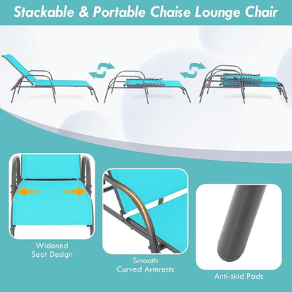 COSTWAY Outdoor Lounge Chairs Set of 2, Patio Chaise Lounge Recliner with Heavy Duty Steel Frame, 5-Position Adjustable Backrest for Deck, Beach, Pool (2, Turquoise)