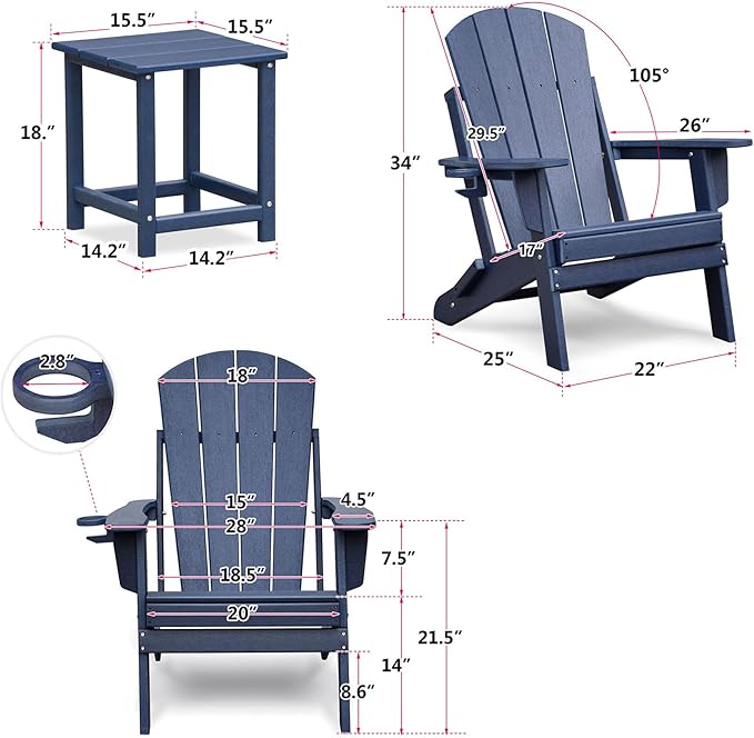 Outdoor Furniture 3 Piece Folding Adirondack Chairs Set of 2 and Patio Table,Plastic Patio Firepit Chair with Cup Holder& High Backrest, Adirondack Chair for Outdoor, Patio, Garden, Beach(Navy Blue-3)