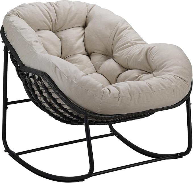 Indoor & Outdoor Rocking Chair, Oversized Rattan Royal Rocking Chair with Padded Cushion, Rocker Egg Chair for Living Room, Patio, Front Porch, Backyard, Beige
