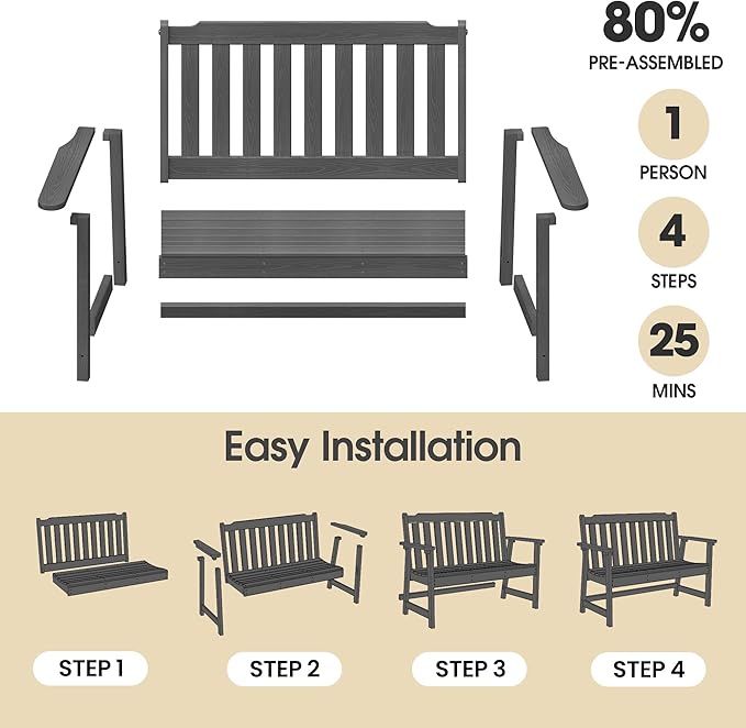 Ciokea 49" Heavy Duty Outdoor Bench, HDPE Weatherproof Porch Benches, Durable 2-Person Garden Benches with 660 Lbs, Waterproof Patio Bench for Outside Balcony Deck Backyard, Dark Grey