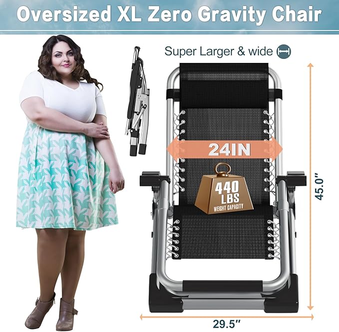 ABORON Oversized Zero Gravity Chair, 29In XL Premium Outdoor Lawn Folding Lounge Chairs - Photo 3