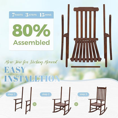 Flamaker Acacia Wood Patio Rocking Chair Set of 2, High Back and Widen Armrest for Adults, Solid Wood Porch Rocking Chair for Lawn, Garden, Backyard (Brown)