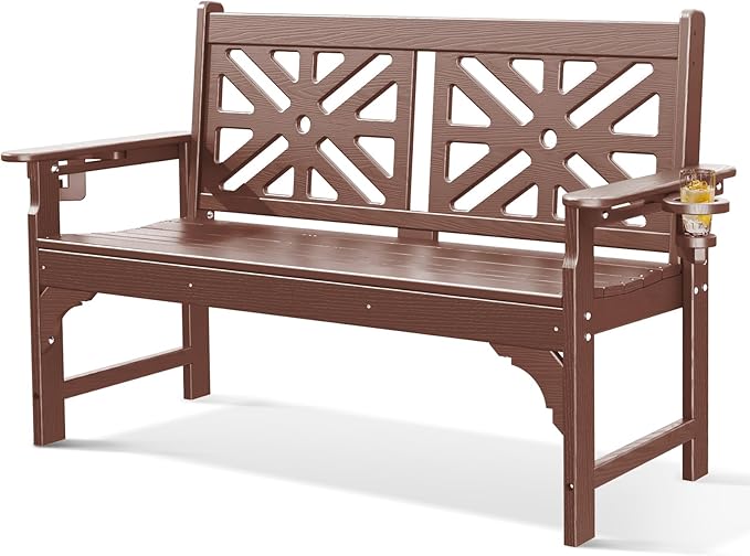 Oversized Outdoor Bench with Cup Holders, 51.5” HDPE Aesthetic Garden Bench for 2 Person - Photo 1
