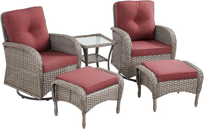 5 Pieces Outdoor Wicker Patio Furniture Set-High Back Outdoor Rocking Chairs Set of 2 with Ottoman Patio Conversation Sets for Deck Lawn Porch Balcony Poolside-Grey/Red