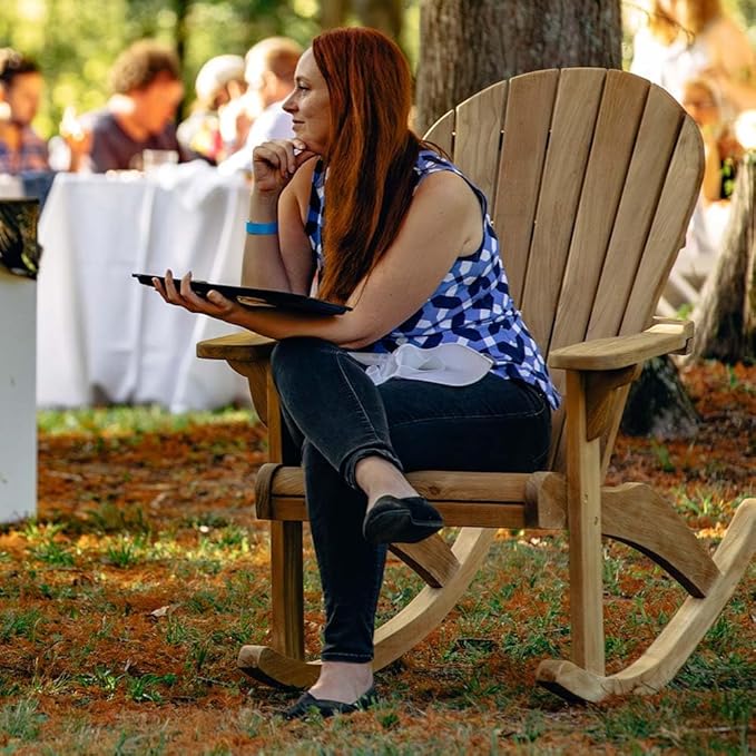 Ash & Ember Savannah Grade A Teak Adirondack Rocking Chair, Patio Lounge Seat for Deck, Porch, or Backyard Indoor Outdoor Use, Weather Resistant, Gently Curved Seat and Back with Tight Slats
