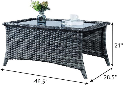 Rilyson Patio Tables Wicker Coffee Table - Outdoor Rattan Coffee Tables with Glass Top for Patio Proch Deck Balcony Rectangle Mixed Grey