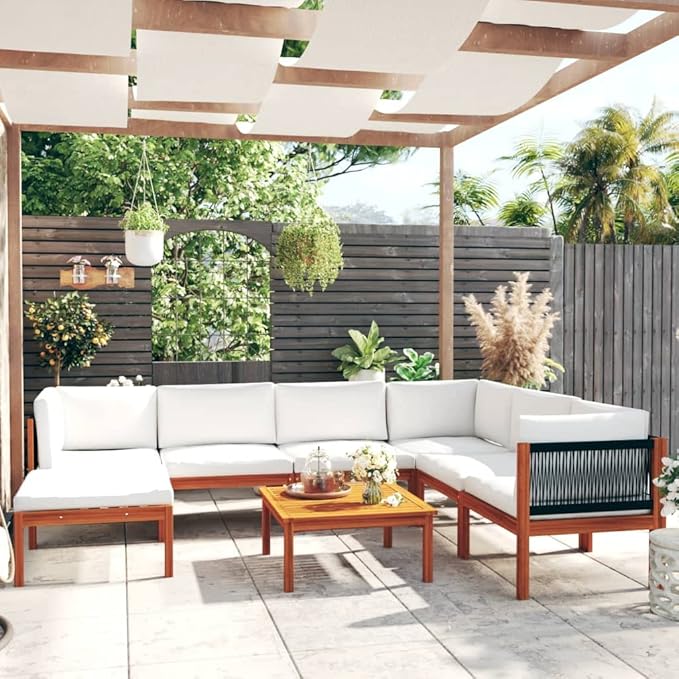 8-Piece Acacia Wood Modular Lounge Set with Weather-Resistant Cushions, Cream and Brown Outdoor Patio Furniture for 8 People, Reconfigurable Design, Durable