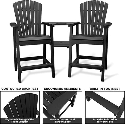 Outdoor Recycled Poly Adirondack Barstools with Connecting Tray, Tall Adirondack Chairs Bar Chairs for Deck, Balcony, Backyard, Patio Bar Stool Chair with High Back Weather Resistant Set of 2