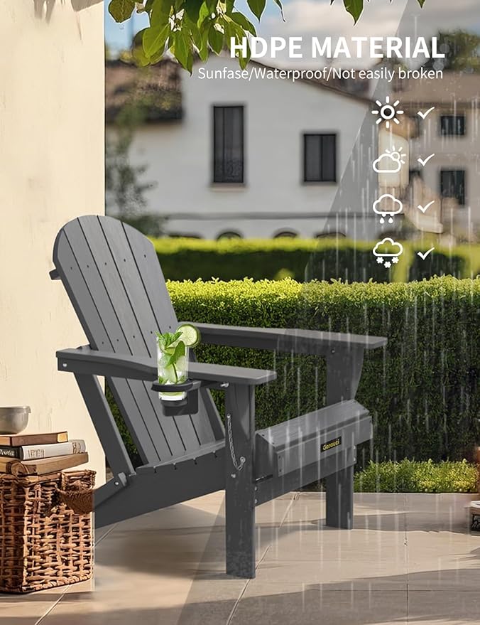Plastic HDPE Adirondack Chair,Set of 2,Folding Adirondack Chair Weather Resistant with Cup Holder, Wooden Textured Fire Pit Outdoor Chair for Garden, Porch, Lawn, Backyard, Supports 380LBS, Grey