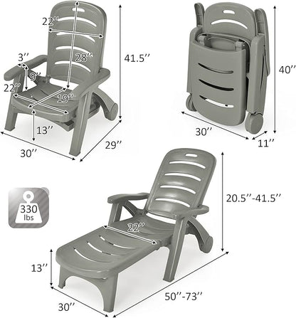 Tangkula Outdoor Chaise Lounge Chair, Adjustable 5-Position Recliner Chair with Built-in Wheels, Weather-Resistance Folding Lounge for Patio, Backyard, Poolside and Beach (1, Grey)
