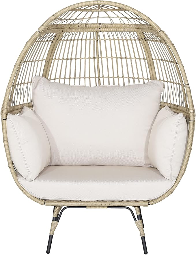 Tangkula PE Wicker Egg Chair, Patiojoy Oversized Indoor Outdoor Patio Lounge Chair with Cushions and Pillows, Steel Frame Basket Chair for Garden, Deck, Balcony, Living Room (Light Brown)