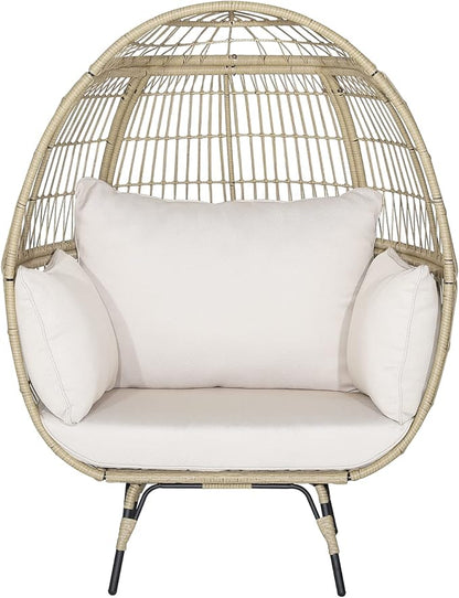 Tangkula PE Wicker Egg Chair, Patiojoy Oversized Indoor Outdoor Patio Lounge Chair with Cushions and Pillows, Steel Frame Basket Chair for Garden, Deck, Balcony, Living Room (Light Brown)