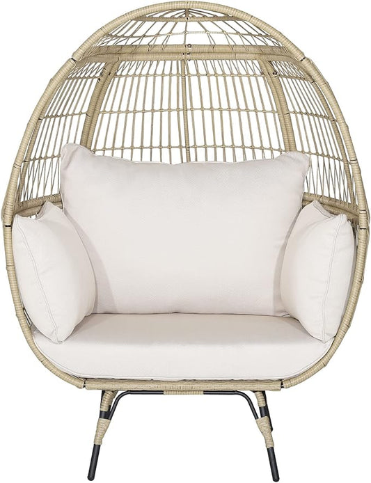 Tangkula PE Wicker Egg Chair, Patiojoy Oversized Indoor Outdoor Patio Lounge Chair with Cushions and Pillows, Steel Frame Basket Chair for Garden, Deck, Balcony, Living Room (Light Brown)