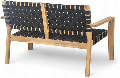 Merax Patio Furniture Acacia Wood Bench, Woven Rope Outdoor Loveseat Sofa, 2-Person Deep Seating Porch Bench for Garden, Backyard Park Balcony, Light Teak Finish & Black