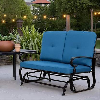 SUNCROWN Outdoor Swing Glider Chair, Patio 2 Seats Loveseat Rocking Chair with Cushions, Steel Frame Furniture - Peacock Blue