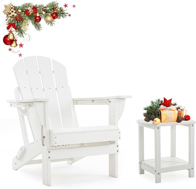 Folding Outdoor Adirondack Chairs Set of 1 with HDPE Side Tables-Plastic Weather Resistant Patio Chairs with Small Outdoor Side Tables 2 Storage for Patio,Fire Pit, Garden and Backyard