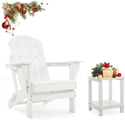 Folding Outdoor Adirondack Chairs Set of 1 with HDPE Side Tables-Plastic Weather Resistant Patio Chairs with Small Outdoor Side Tables 2 Storage for Patio,Fire Pit, Garden and Backyard