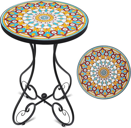 VCUTEKA Mosaic Outdoor Side Table, Round Rustproof Patio Table with 14" Ceramic Tile Top, Indoor Porch Accent Table for Yard, Garden, Living Room, Bistro Balcony
