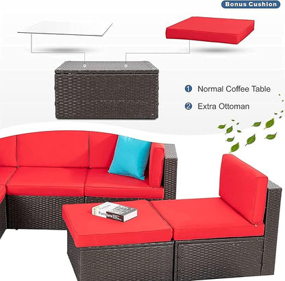 Vongrasig 6 Pieces Patio Furniture Set, Outdoor Sectional Sofa Couch, All Weather PE Rattan Patio Conversation Sets with Coffee Table for Garden, Backyard, Poolside (Red)