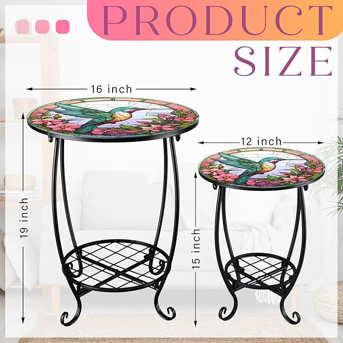 2 Pcs Outdoor Side Table Small Patio Round Mosaic Accent End Table Indoor Plant Metal Coffee Tea Tables for Patio Yard Porch Garden Living Room(12" and 16",Hummingbird Style)