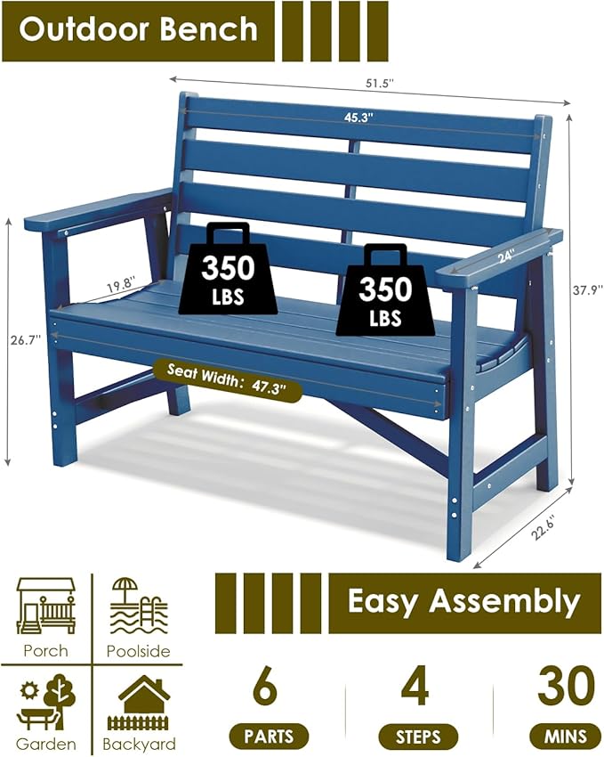 GREENVINES Outdoor Bench | 51.5’’ | HDPE | Garden Benches | Weatherproof - Photo 3