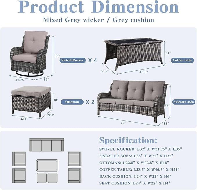 Belord 8 Piece Wicker Patio Furniture Set, Outdoor Swivel Rocker Chairs Set of 4 with Ottomans and Rattan Couch - Photo 2
