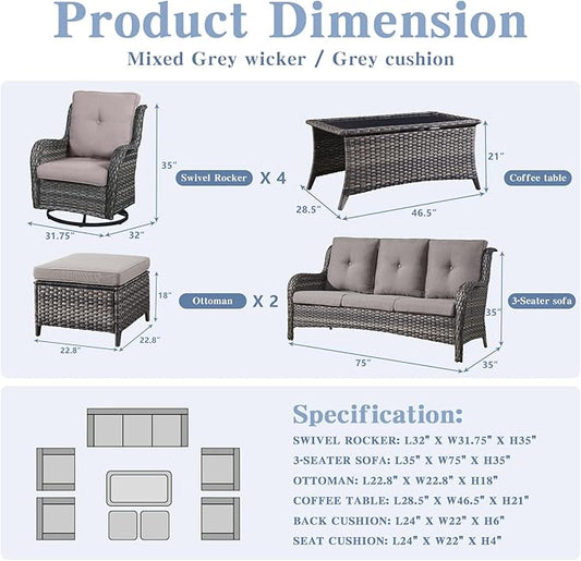 Belord 8 Piece Wicker Patio Furniture Set, Outdoor Swivel Rocker Chairs Set of 4 with Ottomans and Rattan Couch, All Weather Patio Conversation Furniture Set, for Pool,Yard Gray Wicker/Gray