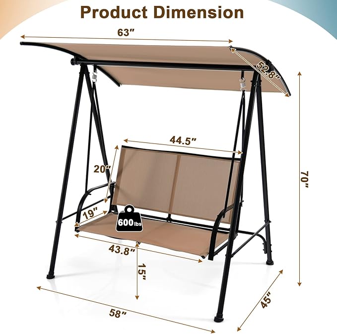 Tangkula 2 Person Porch Swing, Patio Swing with Adjustable Canopy, Comfortable Fabric Seat & Heavy-Duty Steel Frame, Outdoor Canopy Swing for Patio, Garden, Poolside (Beige)