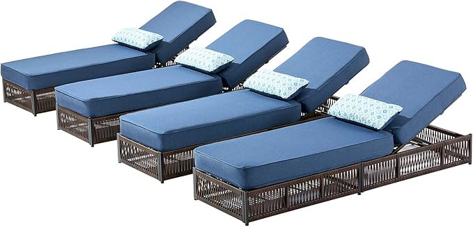 Luxury Outdoor Chaise Lounges with 5 Inch Thickened Cushions - Set of 4 High Back Brown Wicker Patio Recliners Rattan - Photo 1