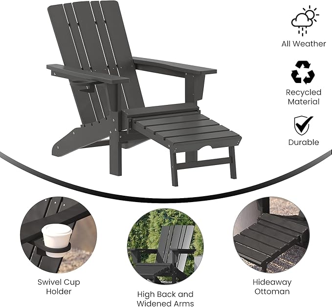 Flash Furniture Halifax Poly Resin Adirondack Chair with Cup Holder and Pull Out Ottoman, All-Weather Poly Resin Indoor/Outdoor Lounge Chair, Set of 2, Gray