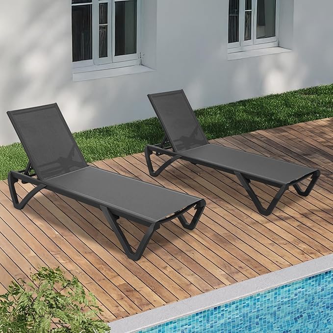 Domi Patio Lounge Chairs Set of 2, Aluminum Pool Chaise Lounge with 5 Position Adjustable Backrest and Wheels, Outdoor Lounge Chairs for Pool, Garden, Beach, Backyard, Dark Grey