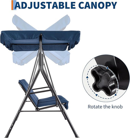 Porch Swing Chair with Adjustable Canopy for Adults 3-Seat Patio Glider Bench with Thick Cushions Steel Frame Outdoor Swing Chair for Backyard Lawn Garden Blue