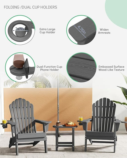 Plawdlik 2026 Upgraded Oversized Folding Adirondack Chair, Set of 4,380 lbs Heavy Duty Fire Pit Chair with 37.8" Extra High Back & Dual Cup Holders, All-Weather HDPE Lounge Chair for Outdoor-Gray