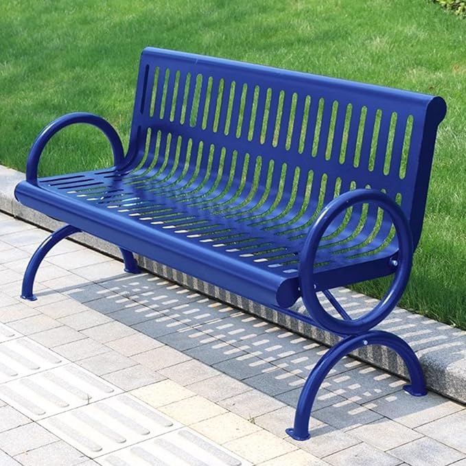 Outdoor Bench, 2 Seater Garden Patio Bench, Metal Bench with Curved Design, Park Bench with Backrest and Armrest for Front Porch Park Outside Furniture Decor(Blue)