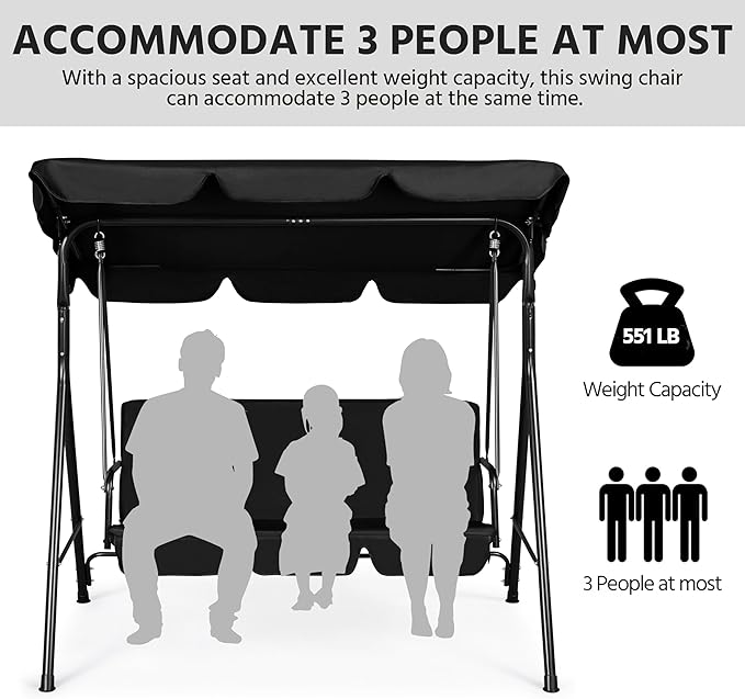 Yaheetech 3-Seat Patio Swing Chair, Outdoor Canopy Porch with Adjustable Canopy & Removable Cushion - Photo 3