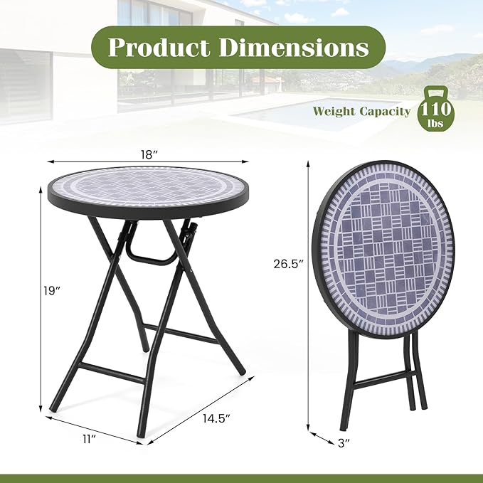 Giantex Folding Outdoor Side Table with Tempered Glass Tabletop & Metal Frame, Portable 18” Round End Table for Patio - Photo 3