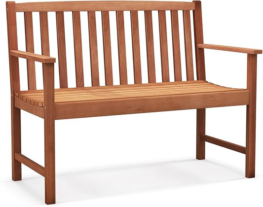 Giantex Outdoor Bench, Wood Patio Bench with Cozy Armrests & Backrest, Slatted Sitting Area, Eucalyptus Wood Frame, 2-Person Loveseat for Park, Porch, Yard, 800 lbs Max Load, Garden Bench (Eucalyptus)