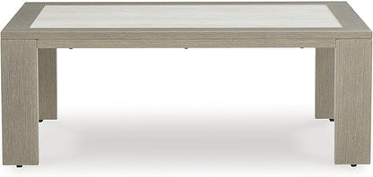 Signature Design by Ashley Kimpton Isle Contemporary Outdoor Fade and Rust Resistant Coffee Table with Stone Tabletop, Light Brown
