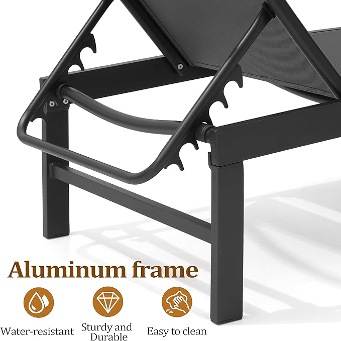 Chaise Lounge Chair, Set of 6 Outdoor Recliner Lounge Chair Sun Loungers, All Weather Chaise with 5 Adjustable Backrest and Lay Flat Positions for Garden, Balcony, Pool, Black