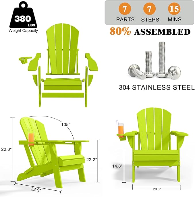 Folding Adirondack Chairs with Cup Holders, Set of 6 HDPE Plastic Outdoor Chairs, Weather Resistant, Real Wood Look - Photo 3