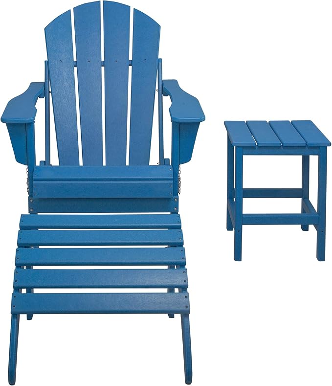 WestinTrends Malibu Outdoor Lounge Chairs, 3-Pieces Adirondack Chair Set with Ottoman and Side Table, All Weather Poly Lumber Patio Lawn Folding Chair for Outside Pool Garden Backyard, Pacific Blue