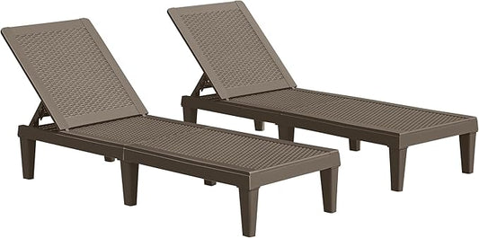JUMMICO Patio Chaise Lounge Chair Set of 2 Outdoor PE Waterproof Adjustable Easy Assembly Lounge Chairs for Outside Pool Garden Deck Beach (Deep Brown, Set of 2)