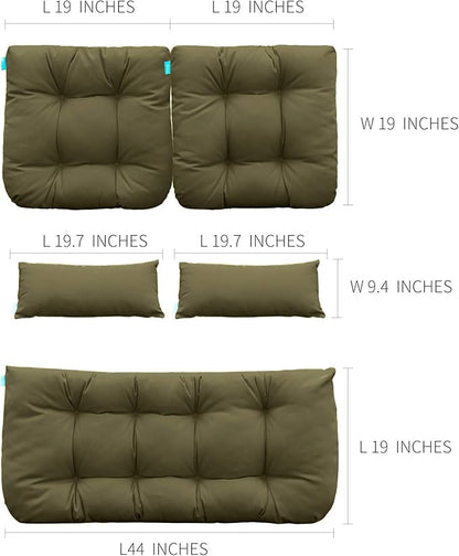 QILLOWAY Outdoor Patio Wicker Seat Cushions Group Loveseat/Two U-Shape/Two Lumbar Pillows for Patio Furniture,Wicker Loveseat,Bench,Porch,All Weather, Settee of 5 (SAGE/Army Green)